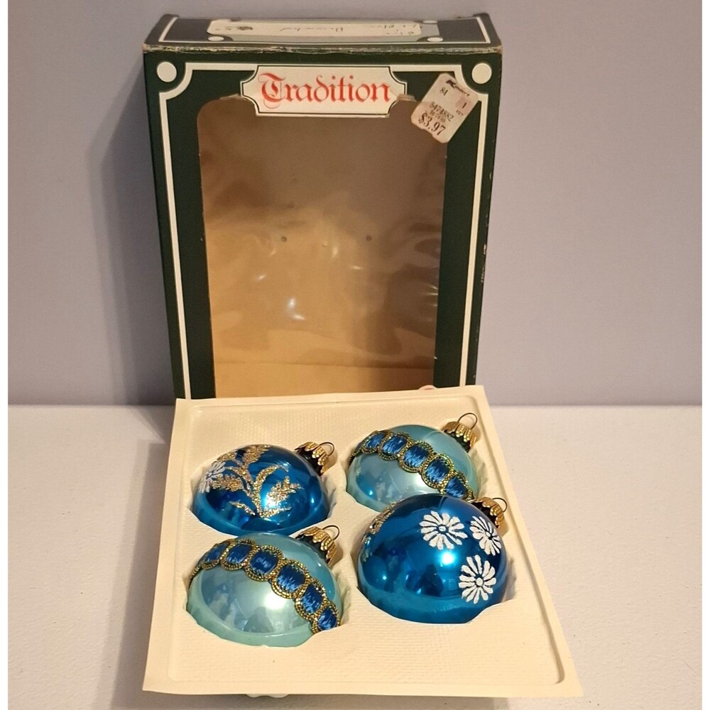 Vintage KUGELGRUSS Mercury Glass Ornaments Set 4 Blue Decorated West Germany